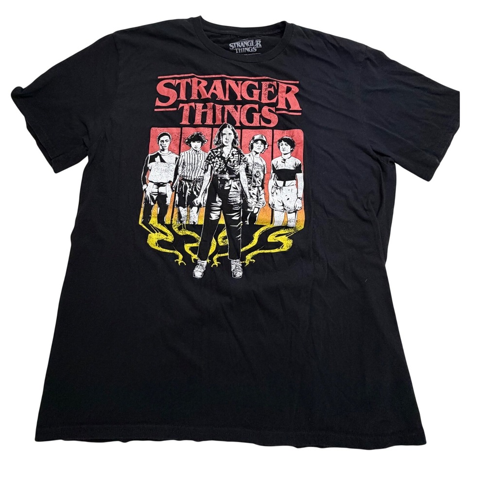 Stranger Things Netflix Mens Graphic T-Shirt Black Cotton Cast Print Large